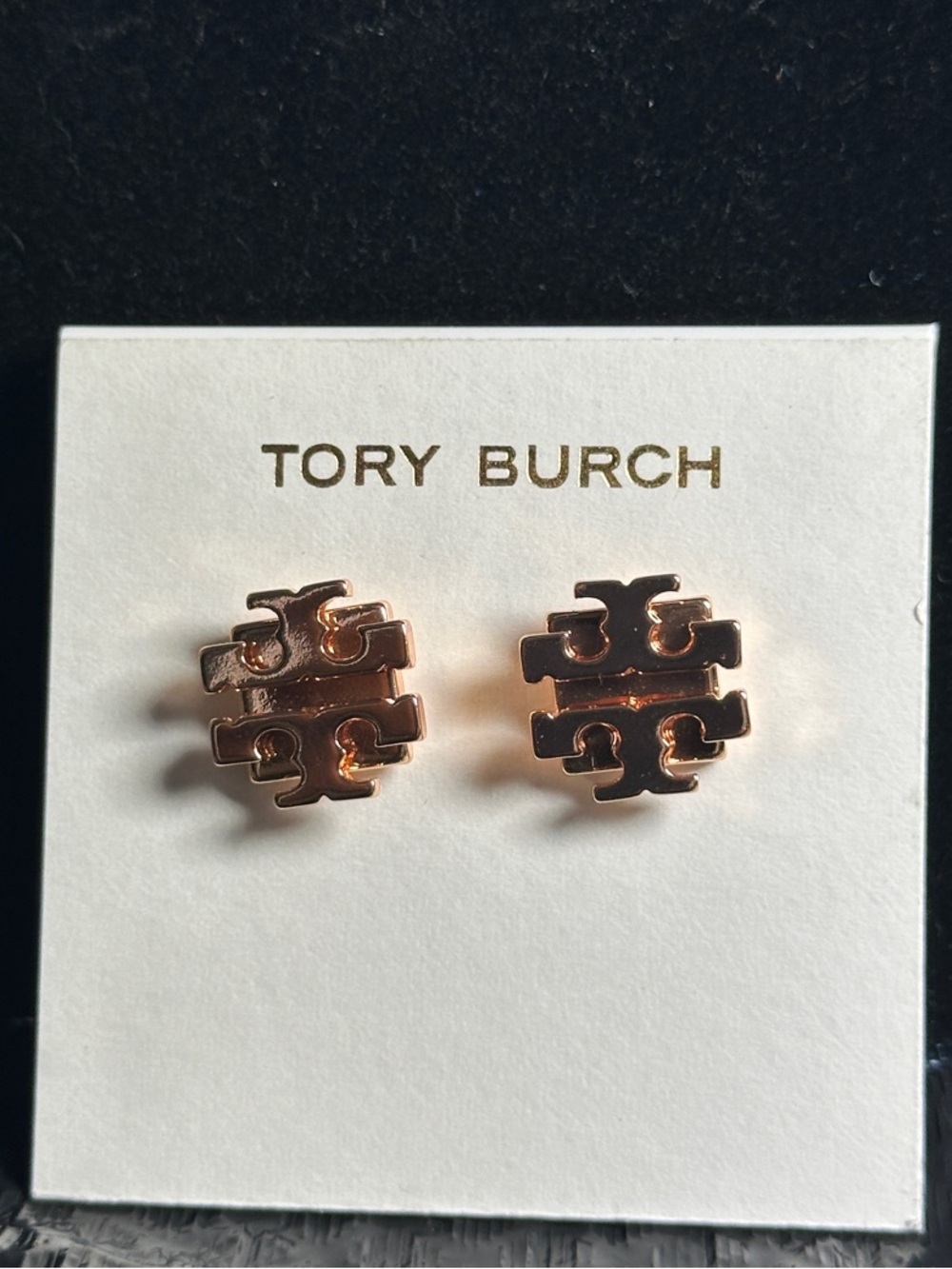 Tory Burch Rose Gold Double T Logo Stud Earrings | Signature Designer Studs - Picture 3 of 3